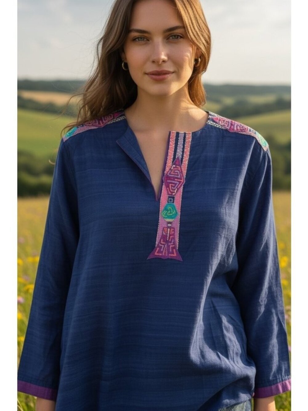 Vintage Kay Kraft Royal Blue Raw Silk Embroidered Boho Tunic Top Size 40